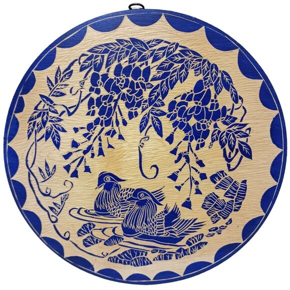 Asian Art Handcarved Wood 10" ROUND BLUE Block Painted BIRDS Ducks Water SIGNED - Picture 1 of 13